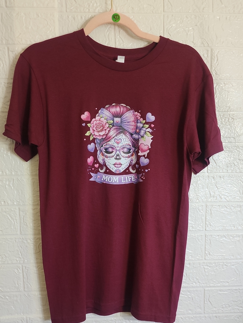 Mom Life Graphic Tee in Burgundy with Sugar Skull Design